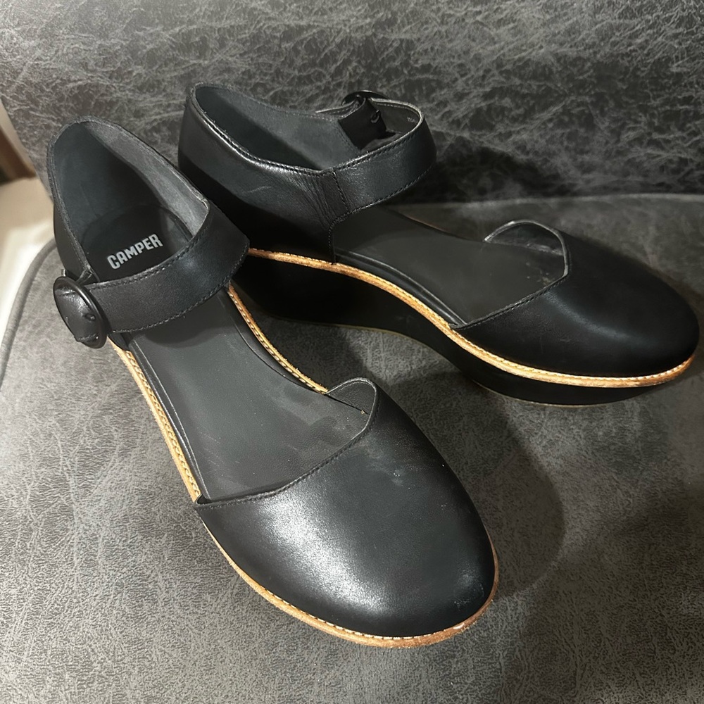 Camper Women's Black Leather Flats with Button Strap